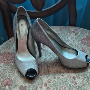 Guess Silver Glitter Peep-Toe High Heels